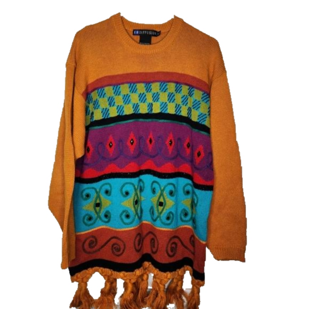 I.B. DIFFUSION Vintage 90’s Retro Vibrant Multi Colour Sweater 55% Ramie Large
